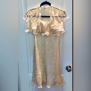 New Lace Evening Dress with a lace cope, size 2-4